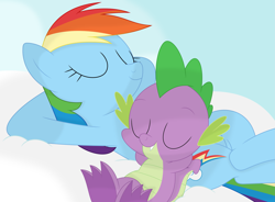 Size: 3521x2597 | Tagged: safe, artist:porygon2z, character:rainbow dash, character:spike, species:dragon, ship:rainbowspike, cloud, duo, female, male, shipping, sleeping, straight, vector
