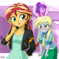 Size: 1000x1002 | Tagged: safe, artist:uotapo, edit, character:derpy hooves, character:sunset shimmer, character:twilight sparkle, character:twilight sparkle (scitwi), species:eqg human, my little pony:equestria girls, angry, blushing, canterlot high, clothing, colored pupils, confused, derpy the shipper, female, glasses, grumpy, hallway, heartbreak, implied derpylight, implied lesbian, implied scitwishimmer, implied shipping, implied sunsetsparkle, implied twerpy, jacket, lockers, looking back, necktie, open mouth, puffy cheeks, school, shipper on deck, signature, skirt, sweat, sweatdrop, thought bubble
