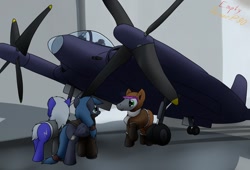 Size: 1280x870 | Tagged: safe, artist:the-furry-railfan, oc, oc only, oc:contrail, oc:night strike, oc:static charge, species:earth pony, species:pegasus, species:pony, fallout equestria, aircraft, autocannon, clothing, fallout equestria: empty quiver, hangar, hat, jacket, outdoors, propeller, story, vought xf5u
