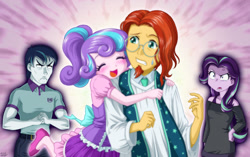 Size: 1400x880 | Tagged: safe, artist:uotapo, character:princess flurry heart, character:shining armor, character:starlight glimmer, character:sunburst, my little pony:equestria girls, angry, blushing, clothing, colored pupils, cracking knuckles, cross-popping veins, cute, equestria girls-ified, eyes closed, father and daughter, female, flurrybetes, flurryburst, glasses, hug, hug from behind, implied starburst, jealous, male, off shoulder, older, open mouth, overprotective, overprotective armor, pants, papa bear, papa wolf, priest, shipping, shirt, shoes, skirt, smiling, starlight is not amused, sunburst gets all the mares, sweat, sweatdrop, this will end in death, this will not end well, unamused
