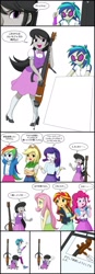 Size: 713x2048 | Tagged: safe, artist:uotapo, character:applejack, character:dj pon-3, character:fluttershy, character:octavia melody, character:pinkie pie, character:rainbow dash, character:rarity, character:sunset shimmer, character:vinyl scratch, my little pony:equestria girls, bracelet, broken, cello, clothing, comic, cowboy hat, denim skirt, dialogue, electric cello, hat, headphones, high heels, iphone, jacket, japanese, jazz, jewelry, leather jacket, leggings, musical instrument, mute vinyl, shoes, simple background, skirt, sneakers, socks, speech bubble, stetson, sunglasses, translated in the comments, white background
