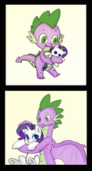 Size: 1217x2259 | Tagged: safe, artist:cabrony, artist:kianamai, edit, character:rarity, character:spike, species:dragon, species:pony, ship:sparity, episode:castle sweet castle, g4, my little pony: friendship is magic, :t, color edit, colored, crush plush, cute, eyeshadow, female, holding a pony, hug, makeup, male, older, older spike, petting, pouting, raribetes, rarity is not amused, rarity plushie, scrunchy face, shipping, size difference, smiling, spikabetes, spread wings, straight, unamused, underhoof, winged spike, wings