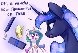 Size: 1748x1181 | Tagged: safe, artist:underpable, character:princess celestia, character:princess luna, species:alicorn, species:pony, blush sticker, blushing, constellation, curved horn, cute, cutelestia, dialogue, duo, female, galaxy mane, happy, hooves to the chest, luna is not amused, magic, mare, open mouth, present, royal sisters, sarcasm, shiny eyes, siblings, sisters, sundial, unamused