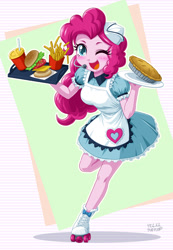 Size: 832x1200 | Tagged: safe, artist:uotapo, character:pinkie pie, episode:coinky-dink world, episode:pinkie pie: snack psychic, eqg summertime shorts, g4, my little pony: equestria girls, my little pony:equestria girls, abstract background, apron, blushing, burger, carhop, clothing, cute, diapinkes, doll, dress, drink, equestria girls minis, female, food, french fries, hat, headset, one eye closed, pie, roller skates, server pinkie pie, skirt, solo, toy, waitress, wink