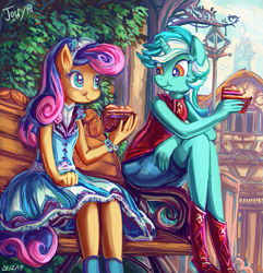 Size: 825x855 | Tagged: safe, artist:jowyb, character:bon bon, character:lyra heartstrings, character:sweetie drops, species:anthro, species:plantigrade anthro, ship:lyrabon, adorabon, amused, bench, bon bon is amused, clothing, cute, dress, eating, eyeshadow, female, food, lamppost, lesbian, looking at each other, lyrabetes, makeup, pie, shipping, sitting, smiling, tree