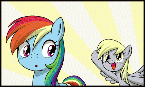 Size: 500x300 | Tagged: safe, artist:uotapo, edit, edited screencap, screencap, character:derpy hooves, character:rainbow dash, species:pegasus, species:pony, ship:derpydash, episode:the last roundup, g4, my little pony: friendship is magic, animated, butt touch, comic, female, gif, heart, hoof on butt, i just don't know what went wrong, kiss mark, lesbian, lipstick, mare, shipping