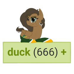Size: 1080x1072 | Tagged: safe, artist:binkyt11, artist:the smiling pony, derpibooru original, oc, oc only, oc:duck badge, species:duck, species:pegasus, species:pony, derpibooru, derpibooru ponified, 666, clothing, derpimilestone, eyeshadow, female, freckles, illuminati confirmed, looking at you, makeup, mare, medibang paint, meme, meta, ponified, prone, simple background, socks, solo, tags, transparent background