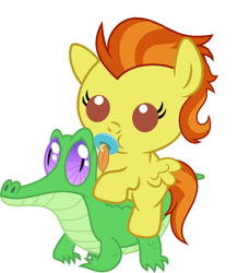 Size: 886x1017 | Tagged: safe, artist:red4567, character:gummy, character:stormy flare, species:pony, baby, baby pony, cute, pacifier, ponies riding gators, riding