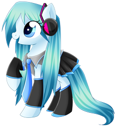 Size: 4138x4544 | Tagged: safe, artist:scarlet-spectrum, species:earth pony, species:pony, absurd resolution, clothing, female, happy, hatsune miku, headset, mare, open mouth, ponified, profile, raised hoof, simple background, singing, solo, transparent background, vocaloid