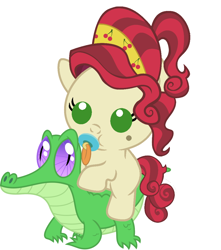 Size: 986x1117 | Tagged: safe, artist:red4567, character:cherry jubilee, character:gummy, species:pony, baby, baby pony, cute, pacifier, ponies riding gators, riding