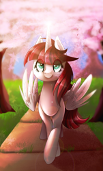 Size: 1267x2100 | Tagged: safe, artist:scarlet-spectrum, oc, oc only, oc:fausticorn, species:alicorn, species:pony, alicorn oc, cherry blossoms, female, flower, flower blossom, looking at you, mare, pathway, scenery, smiling, solo, tree