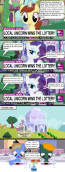 Size: 1000x2631 | Tagged: safe, artist:red4567, character:octavia melody, character:rarity, caviar, charity, comic, donations, element of generosity, fountain, generosity, lottery, lucky, microphone, news, orphan, orphanage, orphans, ponyville, reporter, rich