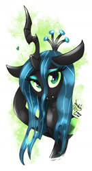 Size: 905x1680 | Tagged: safe, artist:joakaha, character:queen chrysalis, species:changeling, changeling queen, fangs, female, floppy ears, heart, looking at you, signature, simple background, solo, white background