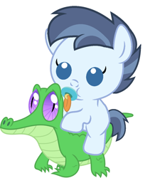 Size: 886x1017 | Tagged: safe, artist:red4567, character:gummy, character:shady daze, species:pony, baby, baby pony, cute, pacifier, ponies riding gators, riding