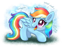 Size: 1180x900 | Tagged: safe, artist:joakaha, character:rainbow dash, species:pegasus, species:pony, barking, behaving like a dog, blushing, colored pupils, cute, dashabetes, female, hnnng, looking back, mare, open mouth, panting, pet, pet play, signature, smiling, solo, tongue out