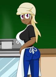 Size: 1069x1462 | Tagged: safe, artist:jake heritagu, oc, oc only, oc:sandy hooves, species:human, apron, big breasts, breasts, clothing, female, humanized, humanized oc, looking at you, looking back, pants, shirt, smiling, solo, stove