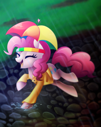 Size: 2162x2700 | Tagged: safe, artist:scarlet-spectrum, character:pinkie pie, species:pony, clothing, cute, diapinkes, eyes closed, female, hat, open mouth, rain, raincoat, smiling, solo, splash, umbrella hat, water