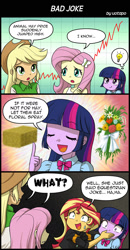 Size: 800x1542 | Tagged: safe, artist:uotapo, character:applejack, character:fluttershy, character:sunset shimmer, character:twilight sparkle, my little pony:equestria girls, clothing, comic, dialogue, engrish, flower, hay, hay bale, let them eat cake, speech bubble