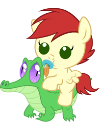 Size: 836x1017 | Tagged: safe, artist:red4567, character:gummy, species:pony, baby, baby pony, care package, cute, pacifier, ponies riding gators, riding, special delivery