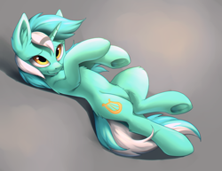 Size: 1280x987 | Tagged: safe, artist:hioshiru, edit, character:lyra heartstrings, species:pony, species:unicorn, chromatic aberration, cute, explicit source, featureless crotch, female, fluffy, frog (hoof), gradient background, lying down, lyrabetes, on back, sfw edit, simple background, smiling, solo, underhoof