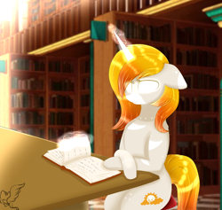 Size: 1024x970 | Tagged: safe, artist:little-sketches, oc, oc only, species:pony, species:unicorn, book, eye clipping through hair, female, glowing eyes, library, magic, mare, solo