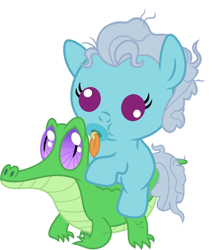 Size: 886x1017 | Tagged: safe, artist:red4567, character:gummy, character:screw loose, species:pony, baby, baby pony, cute, cuteloose, derp, female, pacifier, ponies riding gators, riding