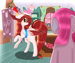 Size: 1024x860 | Tagged: safe, artist:little-sketches, character:pinkamena diane pie, character:pinkie pie, oc, oc:sora, species:earth pony, species:pegasus, species:pony, balancing, cake, eye clipping through hair, female, food, mare