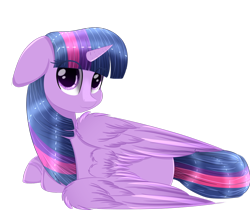 Size: 1024x860 | Tagged: safe, artist:little-sketches, character:twilight sparkle, character:twilight sparkle (alicorn), species:alicorn, species:pony, :3, cute, eye clipping through hair, female, floppy ears, fluffy, looking at you, looking back, looking back at you, mare, on side, rear view, simple background, smiling, solo, transparent background, twiabetes, wing fluff