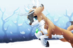 Size: 3000x1985 | Tagged: safe, artist:scarlet-spectrum, oc, oc only, oc:tyandaga, species:deer, barely pony related, blue eyes, floppy ears, gift art, jewelry, looking at you, male, non-pony oc, pendant, smiling, snow, snowfall, solo, tree