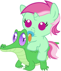 Size: 786x917 | Tagged: safe, artist:red4567, character:gummy, character:minty bubblegum, species:pony, baby, baby pony, cute, pacifier, ponies riding gators, riding