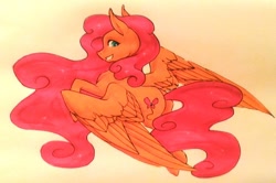Size: 1024x680 | Tagged: safe, artist:oneiria-fylakas, character:fluttershy, character:pinkie pie, oc, oc:flying party, species:pegasus, species:pony, female, fusion, mare, solo, traditional art
