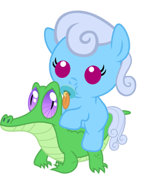 Size: 886x1017 | Tagged: safe, artist:red4567, character:gummy, character:linky, character:shoeshine, species:pony, baby, baby pony, cute, pacifier, ponies riding gators, riding