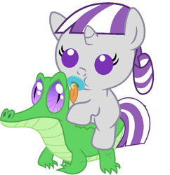 Size: 886x917 | Tagged: safe, artist:red4567, character:gummy, character:twilight velvet, species:pony, baby, baby pony, cute, pacifier, ponies riding gators, riding, velvetbetes