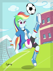 Size: 1936x2592 | Tagged: safe, artist:thebrokencog, character:rainbow dash, my little pony:equestria girls, 2013, ball, boots, clothing, compression shorts, cute, female, field, football, goal, playing, shorts, skirt, skirt lift, socks, solo, thighs