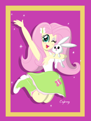 Size: 1936x2592 | Tagged: safe, artist:thebrokencog, character:angel bunny, character:fluttershy, my little pony:equestria girls, armpits, boots, clothing, cute, duo, high heel boots, looking at you, one eye closed, open mouth, shyabetes, simple background, skirt, smiling, socks, wink
