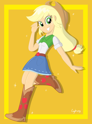 Size: 1936x2592 | Tagged: safe, artist:thebrokencog, character:applejack, my little pony:equestria girls, boots, clothing, cowboy boots, cowboy hat, cute, denim skirt, female, freckles, girly, grin, happy, hat, jackabetes, raised leg, skirt, smiling, solo, sparkles, stetson