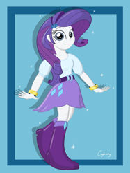 Size: 1936x2592 | Tagged: safe, artist:thebrokencog, character:rarity, my little pony:equestria girls, boots, bracelet, clothing, cute, female, high heel boots, jewelry, looking at you, raised leg, raribetes, skirt, solo, sparkles