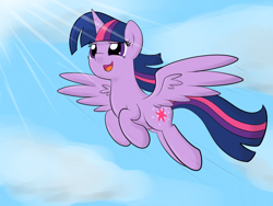 Size: 1024x768 | Tagged: safe, artist:thebrokencog, character:twilight sparkle, character:twilight sparkle (alicorn), species:alicorn, species:pony, female, flying, sky, smiling, solo