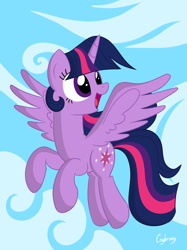 Size: 1936x2592 | Tagged: safe, artist:thebrokencog, character:twilight sparkle, character:twilight sparkle (alicorn), species:alicorn, species:pony, cloud, female, flying, mare, open mouth, sky, smiling, solo
