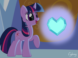 Size: 2592x1936 | Tagged: safe, artist:thebrokencog, character:twilight sparkle, species:pony, species:unicorn, episode:the crystal empire, g4, my little pony: friendship is magic, crystal heart, cute, eyes on the prize, female, glow, happy, open mouth, raised hoof, smiling, solo
