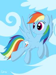 Size: 1936x2592 | Tagged: safe, artist:thebrokencog, character:rainbow dash, species:pegasus, species:pony, cloud, female, flying, looking back, mare, multicolored hair, sky, smiling, solo