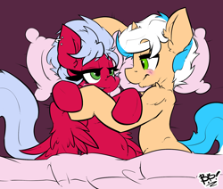 Size: 1654x1402 | Tagged: safe, artist:bbsartboutique, artist:melon frost, edit, oc, oc only, oc:creamy pinch, oc:melon frost, bed, blushing, chin fluff, couple, cuddling, ear piercing, female, freckles, in bed, male, melonpinch, piercing, relaxing, straight