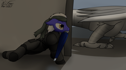 Size: 2281x1278 | Tagged: safe, artist:the-furry-railfan, oc, oc only, oc:static charge, species:dragon, fallout equestria, bandana, fallout equestria: empty quiver, metal gear solid, mouth hold, robot, sneaking, stealth suit, taser, umbrella