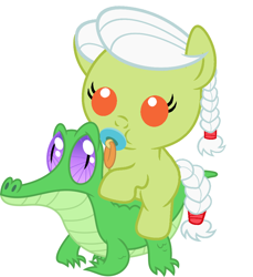 Size: 886x967 | Tagged: safe, artist:red4567, character:granny smith, character:gummy, species:pony, adorasmith, baby, baby pony, cute, pacifier, ponies riding gators, riding, young granny smith