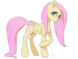 Size: 992x744 | Tagged: safe, artist:grissaecrim, character:fluttershy, species:pegasus, species:pony, colored wings, cute, female, folded wings, head tilt, looking at you, looking sideways, mare, raised hoof, shyabetes, signature, simple background, smiling, solo, standing, white background