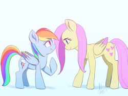 Size: 1233x925 | Tagged: safe, artist:grissaecrim, character:fluttershy, character:rainbow dash, species:pegasus, species:pony, duo, female, height difference, looking at each other, mare, raised hoof, simple background, smiling