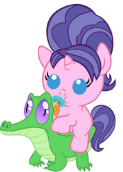 Size: 836x1167 | Tagged: safe, artist:red4567, character:cookie crumbles, character:gummy, species:pony, baby, baby pony, cute, pacifier, ponies riding gators, riding