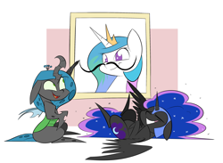 Size: 3541x2585 | Tagged: safe, artist:underpable, character:nightmare moon, character:princess celestia, character:princess luna, character:queen chrysalis, species:alicorn, species:changeling, species:pony, bust, changeling queen, chibi, crown, cute, cutealis, cutelestia, duo, duo female, eyes closed, facial hair, female, helmet, i can't believe it's not fluttershythekind, jewelry, laughing, marker, moonabetes, moustache, nymph, portrait, pure unfiltered evil, regalia, simple background, smiling, style emulation, vandalism, wall, white background, you monster