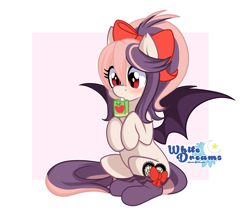 Size: 3351x2850 | Tagged: safe, artist:xwhitedreamsx, oc, oc only, oc:sweet velvet, species:bat pony, species:pony, abstract background, bow, clothing, cute, drinking, female, hair bow, juice, juice box, mare, ocbetes, red eyes, sitting, solo, stockings, thigh highs