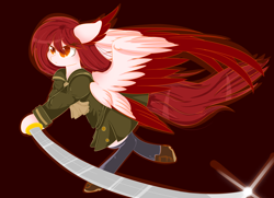 Size: 1024x742 | Tagged: safe, artist:little-sketches, oc, oc only, oc:sora, species:pony, clothing, colored pupils, eye clipping through hair, female, mare, multiple wings, red background, seraph, simple background, solo, sword, weapon